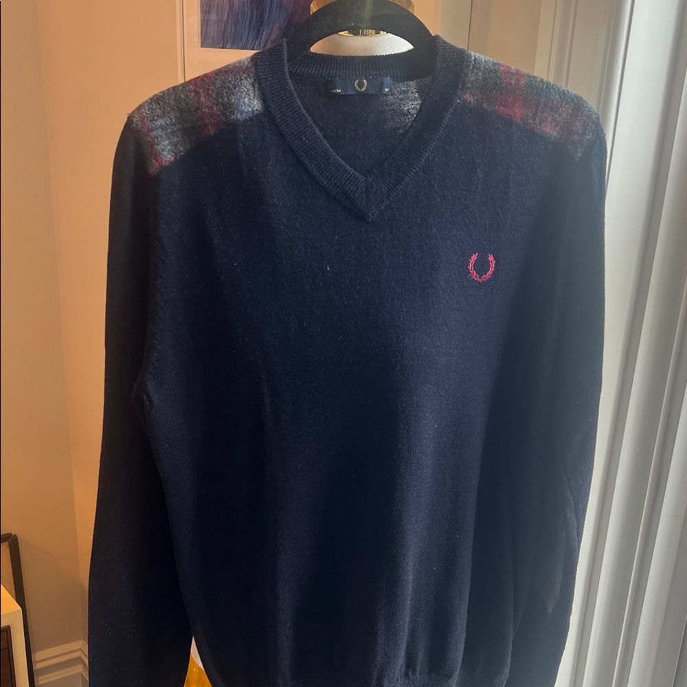 Fred Perry Navy V-Neck Sweater with Red Logo